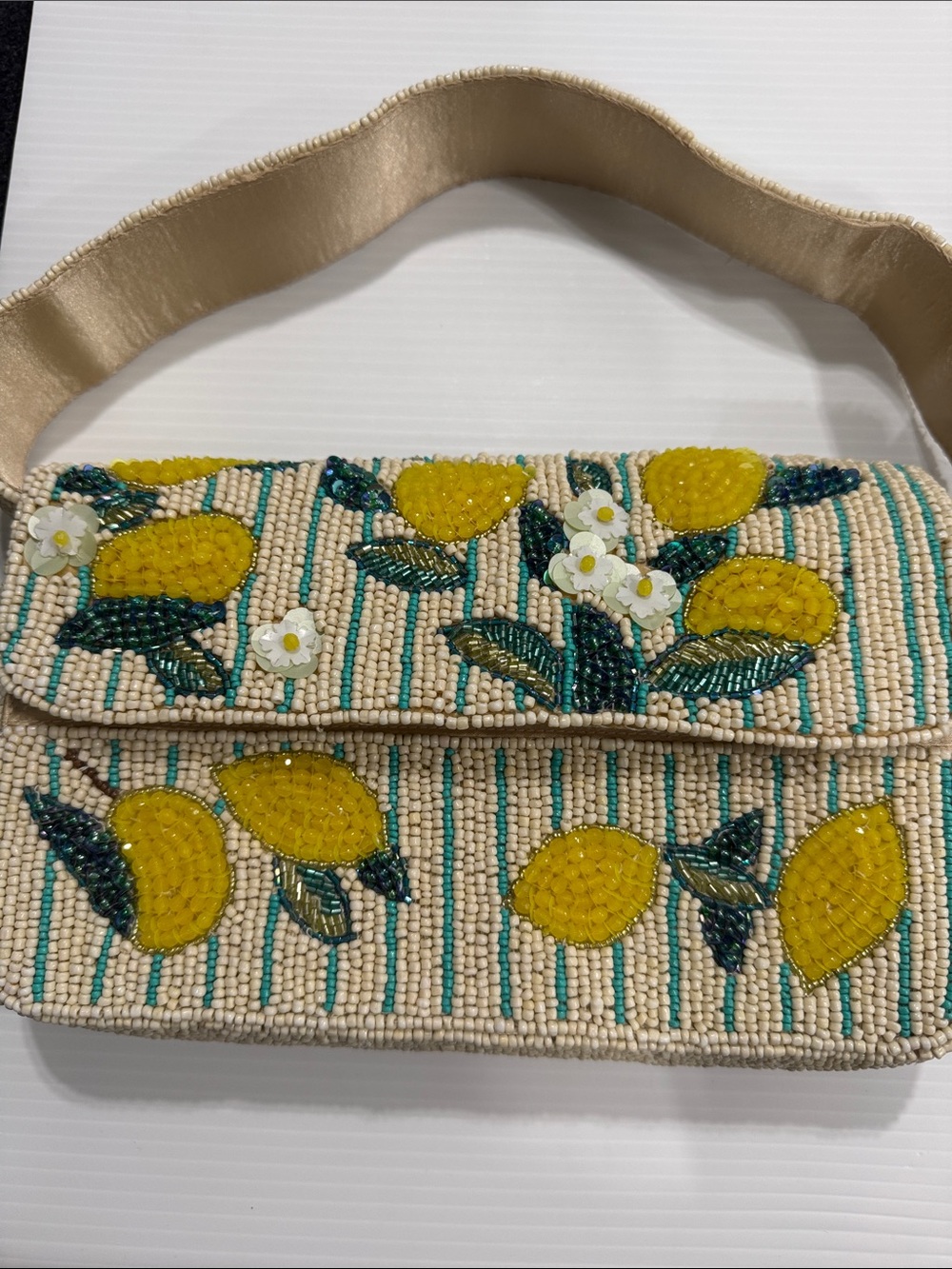Beaded Lemon Embellished Women's Shoulder Bag - Cream & Yellow